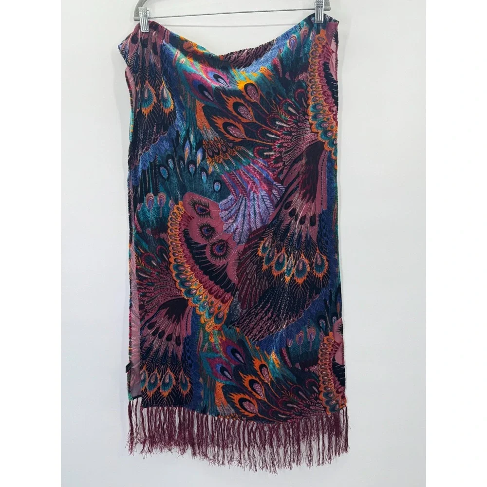 Women Peacock Colorful Vibrant Silk Blend Velvet Burnout Scarf Wrap Shawl Fringe